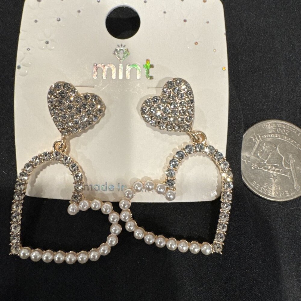 Mint Faux Pearl Rhinestone Double Heart Dangle Earrings NEW